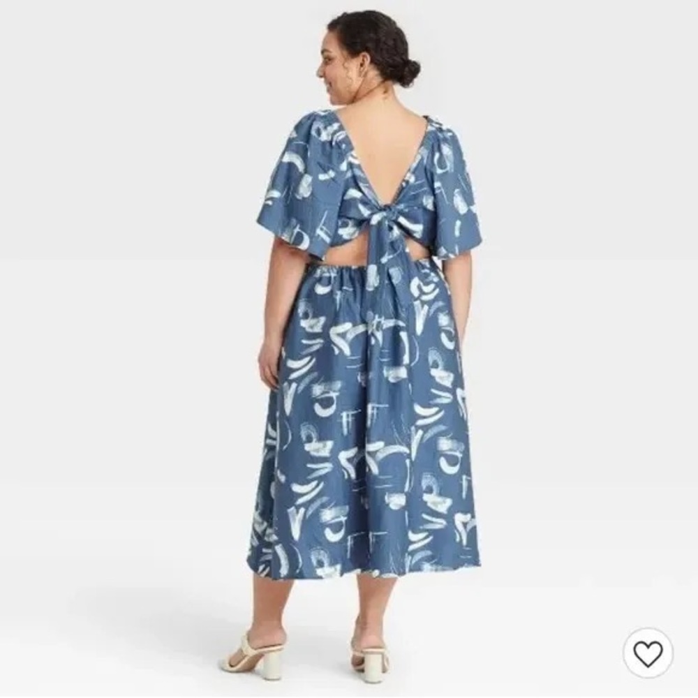 A New Day Blue Print Flutter Sleeve Tie Back Dress XL